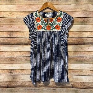 THML Women's Blue Abstract Striped Floral Embroidred Boho Flutter Sleeve Top S